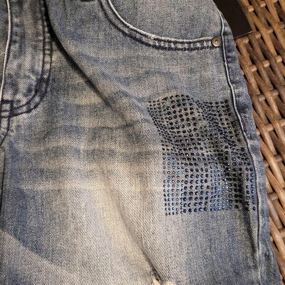 HANNAH Distressed Rhinestone Patch Jeans Sz 6 Mid Rise Straight Leg Blue Denim - Picture 3 of 12